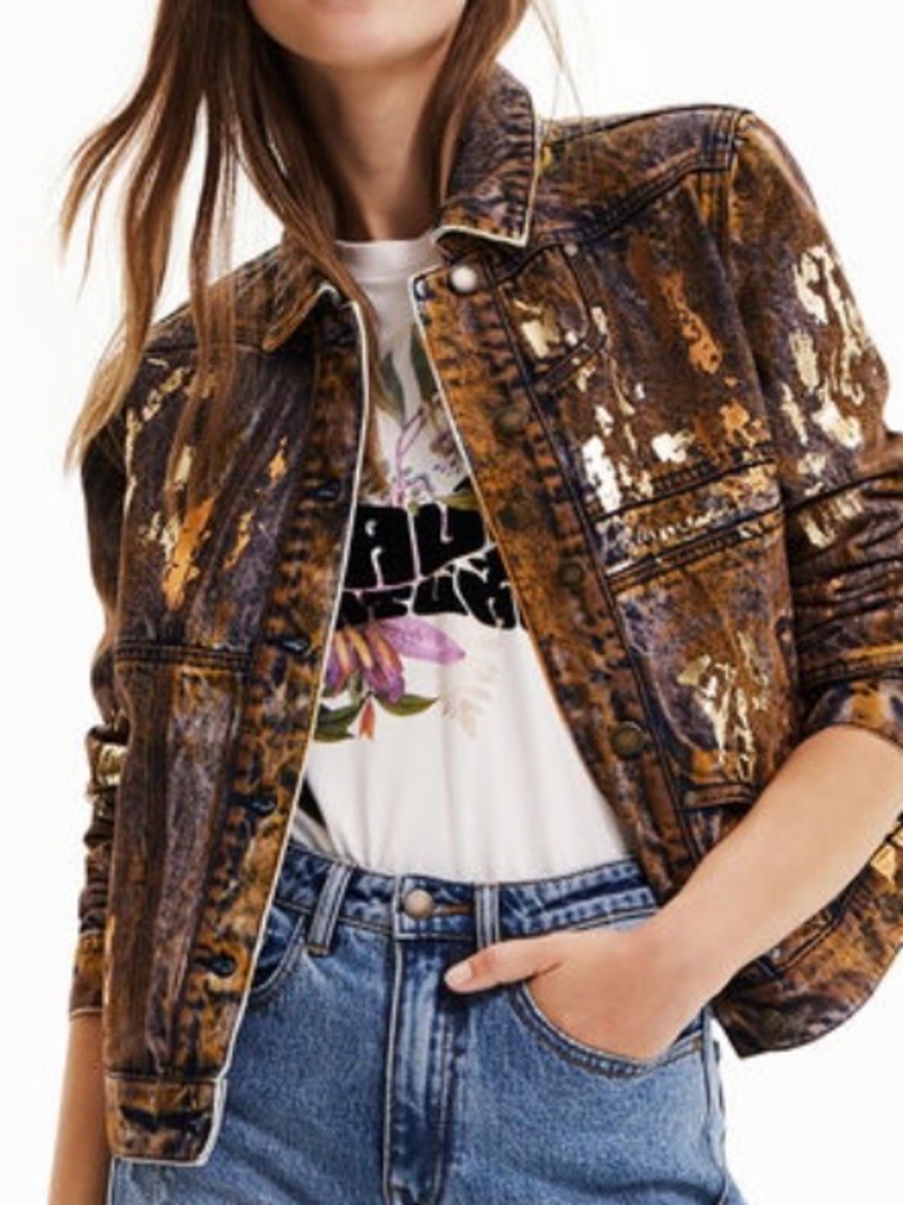 Desigual Metallic Brown & Gold-Acid Wash Jean Jacket
